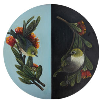 Tauhou in the Pōhutukawa - Coaster - Round Ceramic Design