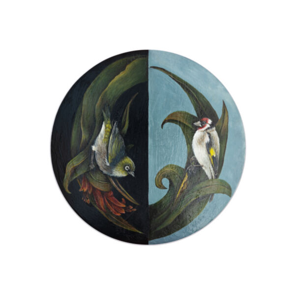 Tauhou and Goldfinch amongst the Harakeke - Coaster - Round Ceramic Thumbnail