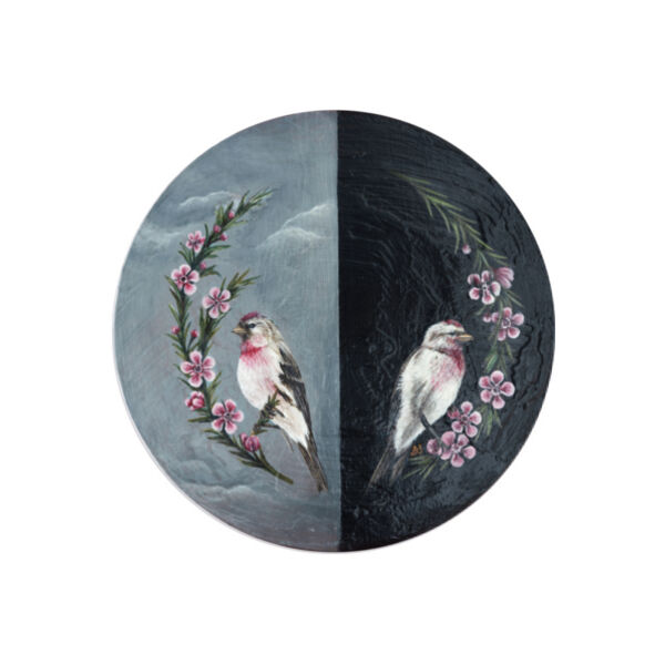 Redpoll in the Pink Manukā - Coaster - Round Ceramic Thumbnail